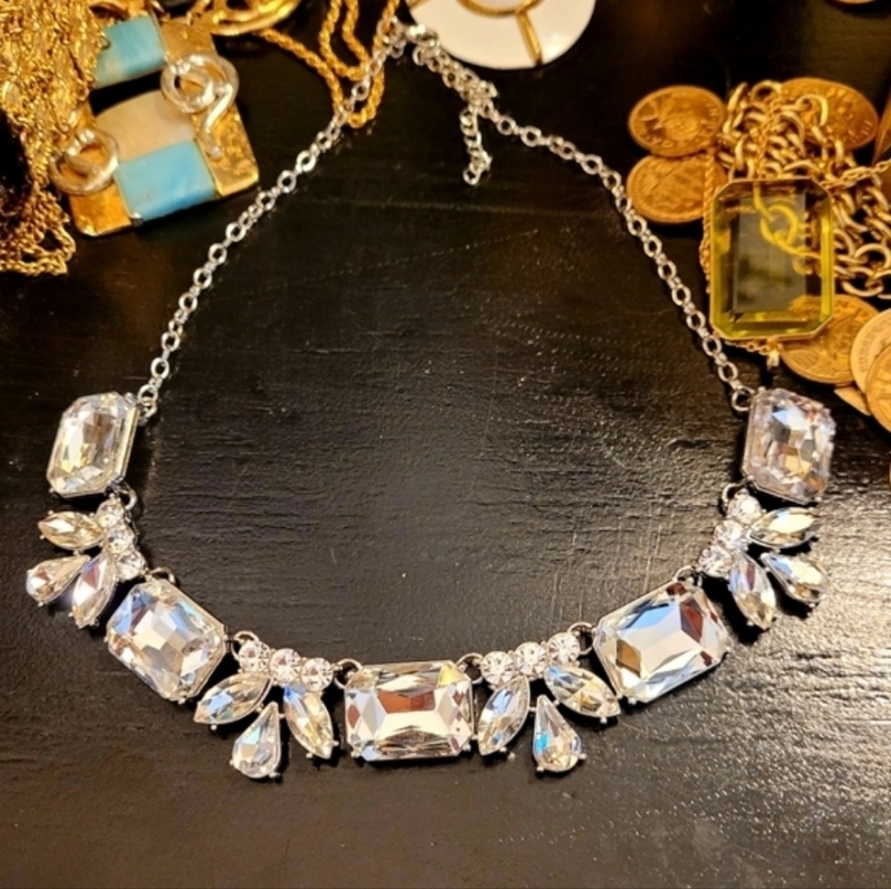 Vintage Crystal Art Deco Silver Statement Necklace